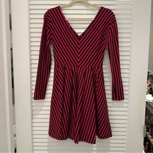 Betsey Johnson Pink and Black Striped V-Neck Fit & Flare Dress